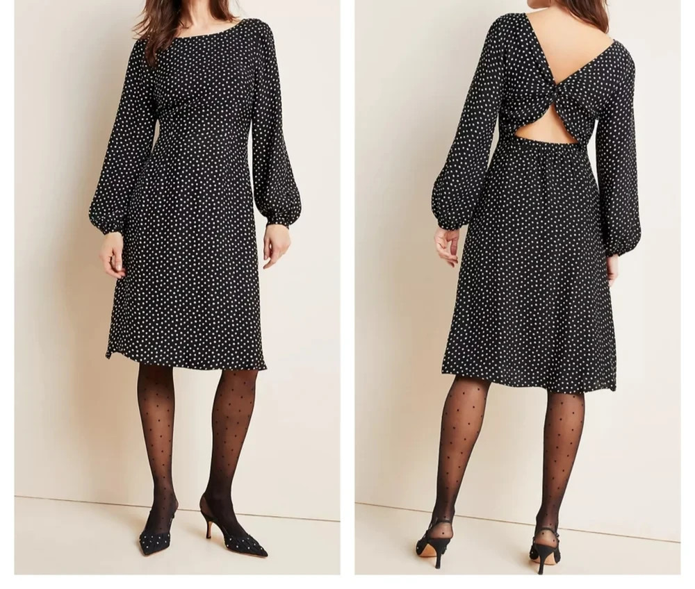 Anthropologie Agatha Midi Dress Sz 8 Black White Polka Dot Cutout Back